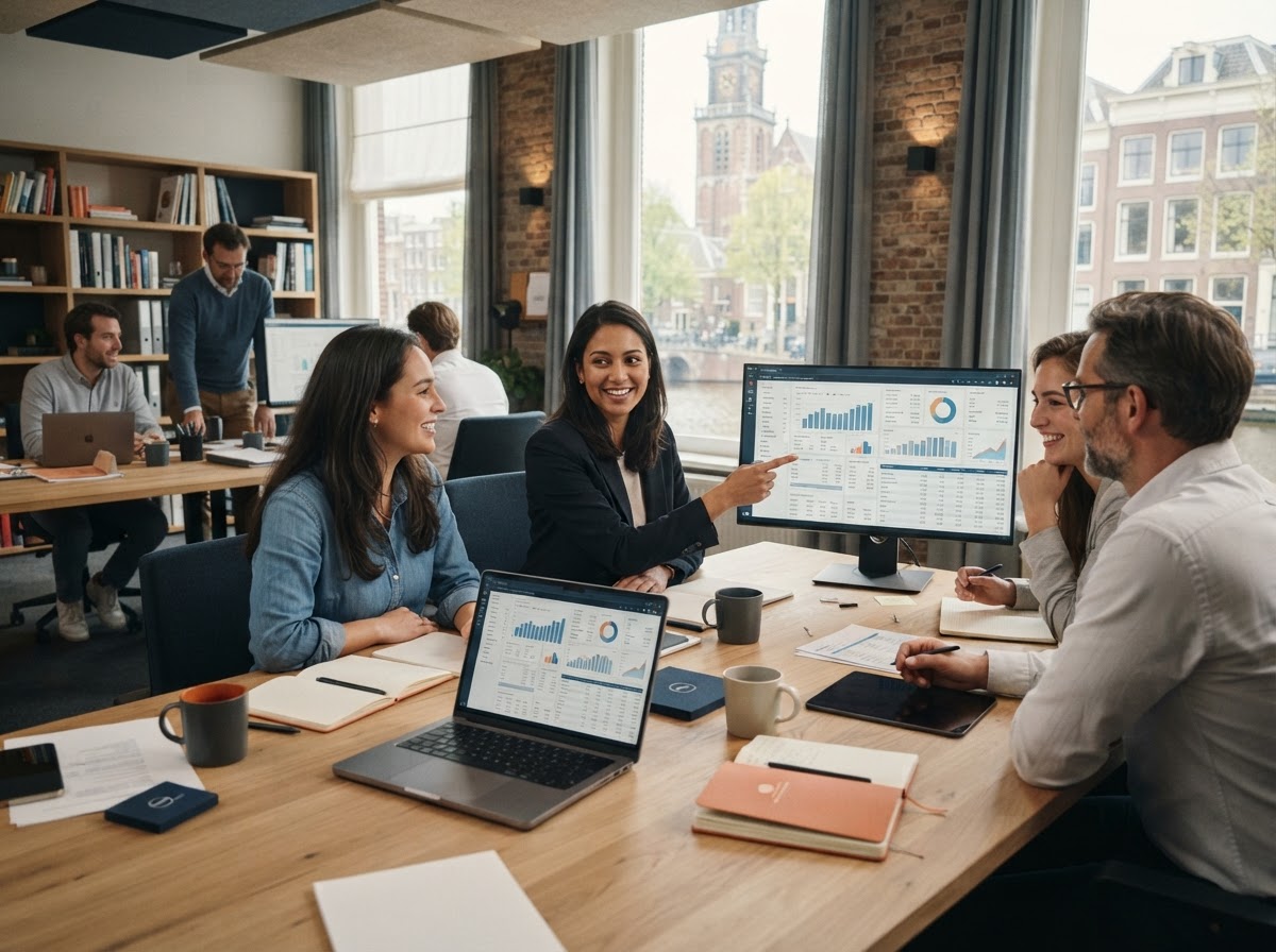 Toren Bloeiersdom team dat data-analyse en portefeuillebeoordeling bespreekt